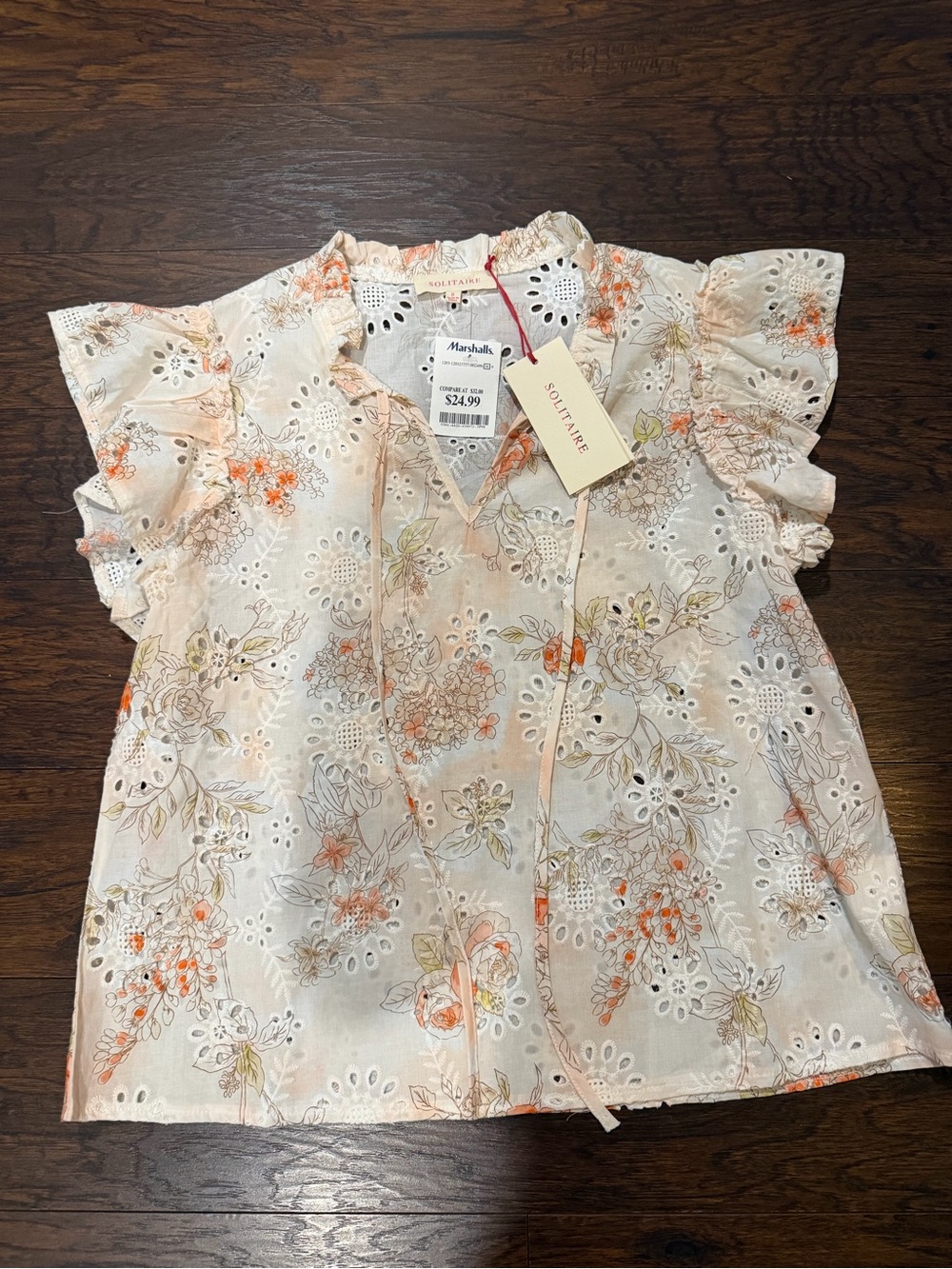 Solitaire Peach Floral Eyelet Ruffle-Sleeve Woman Small